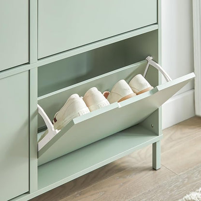 Haotian Green Shoe Cabinet with 4 Flip-Drawers, Narrow Freestanding Shoe Rack, Slim Shoe Organiazer for Entryway Hallway Mudroom(7.5" D x 39.4" W x 35.8" H) FSR100-GR