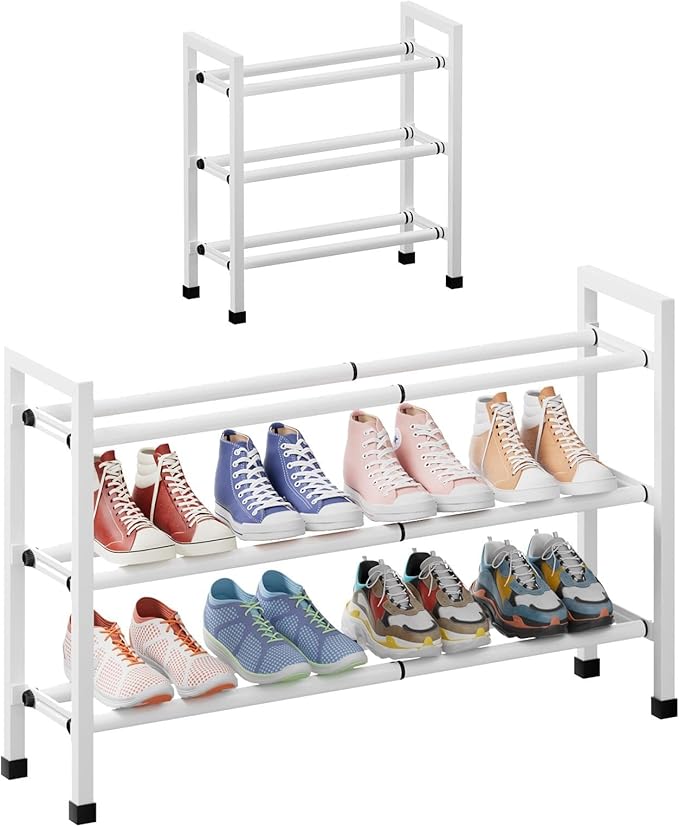 Abiglifty 3-Tier Expandable Shoe Rack,17"-33" Adjustable Shoe Rack for Closet,Metal Shoes Shelves for Front Door Entrance, Garage & Corridor, Free Standing Shoe Holders, Easy to Assemble,White