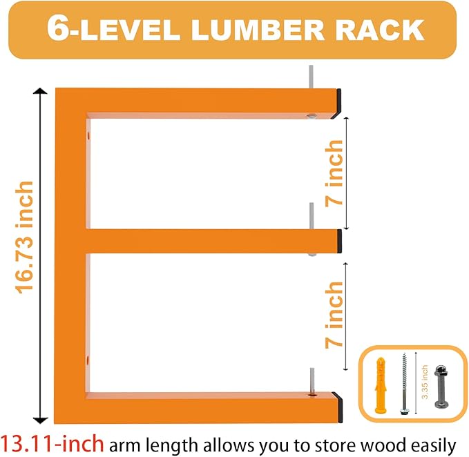 4 Pack Wall-Mounted Lumber Rack, Heavy Duty Wood Storage Racks, 6-Level System Garage Shelving, 1320 LBS Capacity Hanging Organizer Shelves, Orange Brackets Utility Metal Shelf for Indoor and Outdoor