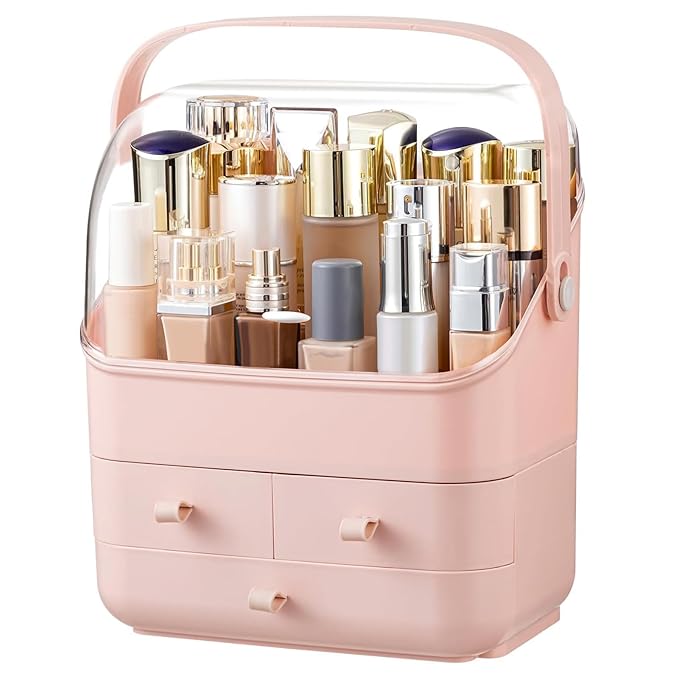 HBlife Makeup Organizer, Waterproof & Dustproof Cosmetic Storage, Fully Open Lid Makeup Display Box, Skincare Organizer for Bathroom Countertop Vanity, Pink
