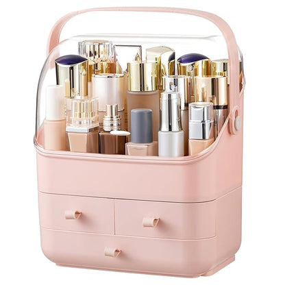 HBlife Makeup Organizer, Waterproof & Dustproof Cosmetic Storage, Fully Open Lid Makeup Display Box, Skincare Organizer for Bathroom Countertop Vanity, Pink