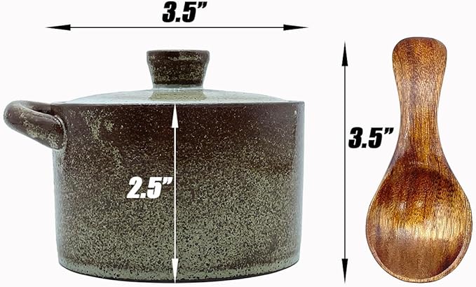 8 oz Ceramic Salt Cellar with Lid & Wooden Spoon,Countertop Salt Container,Sugar Bowl,Spices Jar|Terracotta Home Kitchen Decor(Coarse Pottery Color)