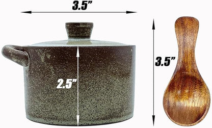 8 oz Ceramic Salt Cellar with Lid & Wooden Spoon,Countertop Salt Container,Sugar Bowl,Spices Jar|Terracotta Home Kitchen Decor(Coarse Pottery Color)