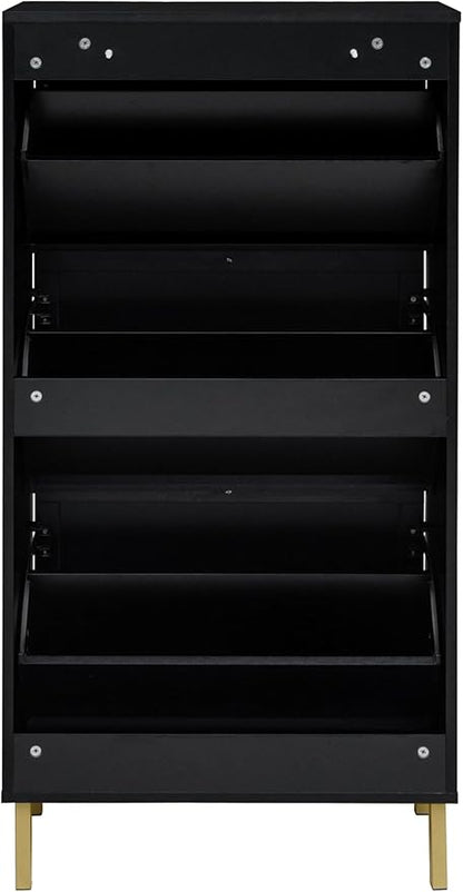 ZeHuoGe Rattan Shoe Cabinet with 3 Flip Drawers, Black 3-Tier Shoe Rack Storage Cabinet for Heels, Boots, Slippers, Free Standing Shoe Rack, Entrance Hallway Entryway (Black)