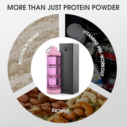 BYLWORKOUT 3-Layer Protein Powder Travel Container with Funnel and Keychain | Portable Food Storage Organizer for Gym, Fitness, Kitchen, Camping, Hiking, and Travel (Pink)