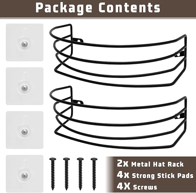 Fikoksol Hat Organizer for Baseball Caps, 2-Pack Black Metal Hat Rack for Wall Door, Adhesive/Wall Mounted Hat Storage Holder Small Closet Organizers and Storage Solution Ideas
