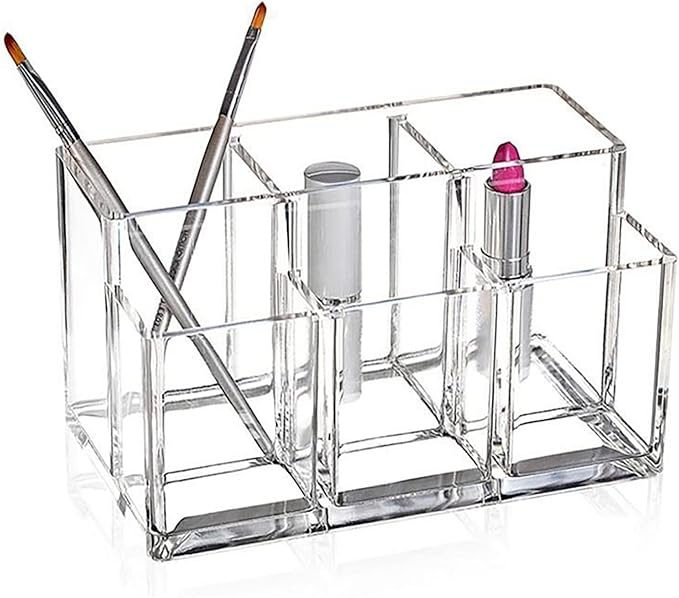 Foraineam 2 Pack Acrylic Makeup Brushes Holder with 6 Slots, Clear Pen Pencil Organizer Desktop Stationery Storage Container, Vanity Cosmetic Eyeliners Eyebrow Pencil Display Case