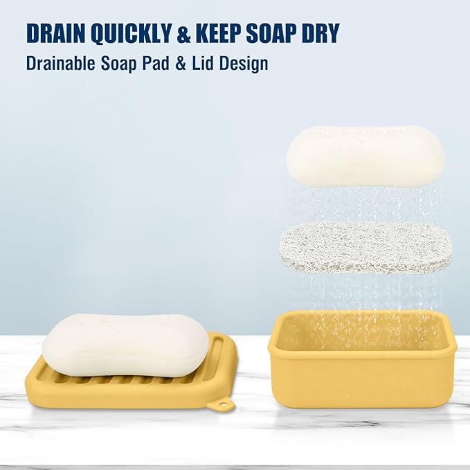 Superior Leak-Proof Silicone Travel Soap Case with Drainage Lid/Layer, Compact Bar Soap Container, Durable Soap Holder for Camping, Gym, and Travel Size Toiletries (Butter-Yellow)