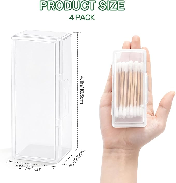 4 Pcs Cotton Swab Holder, Travel Portable Floss Pick Dispenser, Hair Tie Organizer, Small Plastic Box with Lid, 4.1 x 1.8 x 1
