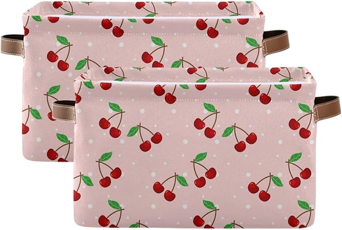 Storage Basket Cherry Rectangular Collapsible Canvas Shelves Storage Bins with Leather Handles for Shelves Home Closet Bedroom Living Room, 1Pack