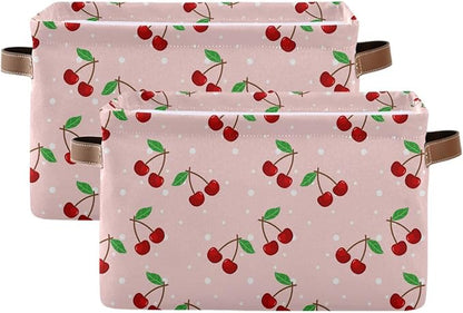 Storage Basket Cherry Rectangular Collapsible Canvas Shelves Storage Bins with Leather Handles for Shelves Home Closet Bedroom Living Room, 1Pack