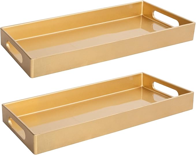 MAONAME Gold Vanity Tray Set of 2, Plastic Decorative Tray with Handles, Rectangular Bathroom Trays for Toilet Tank, 13.8" X 6" X 1.57"
