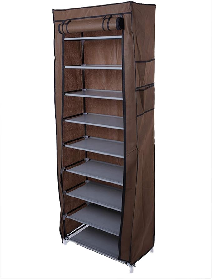 lapday 10 Tier Shoe Rack with Covers, Narrow Tall Shoe Shelf with Side Pocket, Free Standing Shoe Storage Cabinet for Closet Hallway,Bedroom,Entryway (Coffee)
