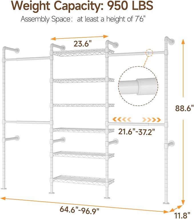 ONBRILL H3 Expandable Wall Mounted Closet System, 5.4FT-8.1FT Closet Organizer with 4 Telescopic Rods & 6 Wire Shelves, Industrial Pipe Clothing Rack for Walk-in & Reach-in Closet (White)