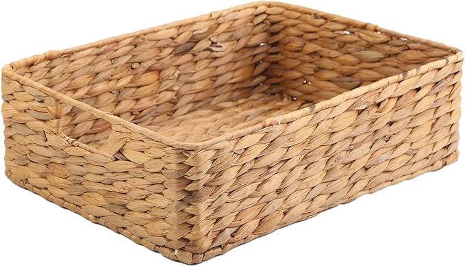YAHUAN Water Hyacinth Storage Basket, Handwoven, 15.35L x 12W x 4.72H in, Brown