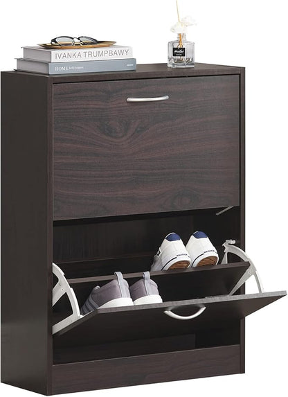 Haotian Narrow Shoe Cabinet for Entryway, Slim Freestanding Shoe Rack with 2 Flip-Drawers, Hidden Storage Shoe Organiazer Entrance Hallyway Mudroom, Brown, FSR110-K-BR (9.4" D x 23.6" W x 31.5" H)