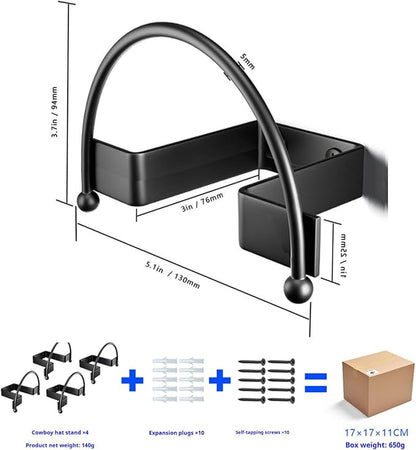 Cowboy Hat Holder (4-Pack) Heavy-Duty Metal Wall Mount Hooks for Display, Perfect Organizer for Cowboy Hat, Helmets, Towels & More - Modern Western Decor.