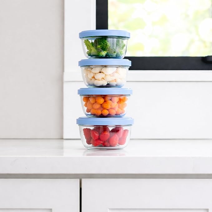 8-Piece Glass Food Storage Containers Set (4 Containers + 4 BPA-Free Lids) | 1-Cup, Leakproof | Microwave, Freezer, Oven & Dishwasher Safe | Ideal for Meal Prep & Pantry Organization, Lavender Blue