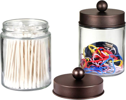 Amolliar 4Pc Apothecary Jars Bathroom Vanity Storage Organizer Set -Countertop Canister with Stainless Steel Lids &Cute Stickers - Qtip Dispenser Holder for Qtips,Cotton Swabs,Makeup Sponges (Bronze)