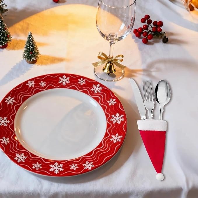 40 Pcs Christmas Santa Hats Silverware Utensil Holders, Xmas Table Flatware Wine Bottle Covers Dinnerware Cutlery Decorations Party Supplies