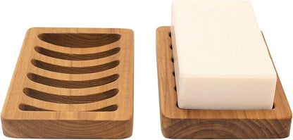 Slotted Soap Dish 2 Pack Teak Wood by HTB, Kitchen Wooden Sponge Holder, Self Draining Soap Dish for Shower, Sink, Bathroom, Bathtub, RV