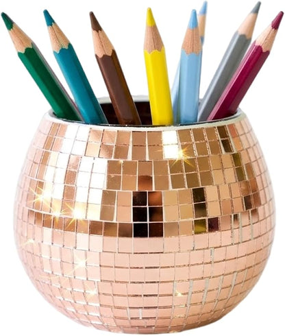 Glass Disco Ball Pen Holder with Smooth Grouting - Premium Mirror Mosaic Pencil Cup for Desk, Cute Makeup Brush Holder, Aesthetic Room Decor Gift (Rose gold)