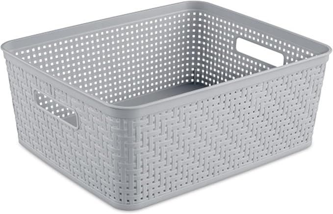Sterilite 6-Pack Short Basket, Woven Plastic Storage Baskets for Organization, Cement - Organizing Bin Containers with Handles for Bedroom, Bathroom, Dorm, and Closet