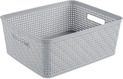 Sterilite 6-Pack Short Basket, Woven Plastic Storage Baskets for Organization, Cement - Organizing Bin Containers with Handles for Bedroom, Bathroom, Dorm, and Closet