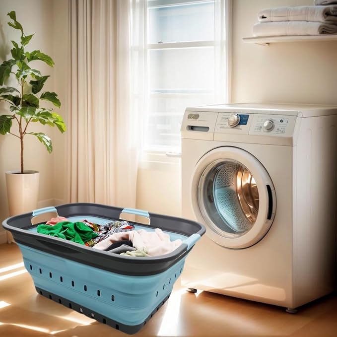 SAMMART 42L (11 gallon) Collapsible Plastic Laundry Basket - Foldable Pop Up Storage Container/Organizer - Space Saving Hamper/Basket (1, Grey/Sea Angel)