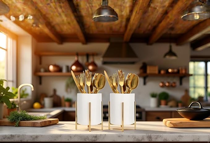 Utensil Caddy for Weddings and Parties,Sturdy Metal and Ceramics,Decorate Kitchen and Dining Table, White gold, S0017