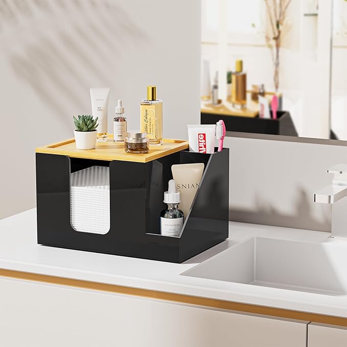 VITVITI Disposable Face Towel Holder Box, Acrylic Clean Skin Club Facial Towel Container with Toothbrush Holders, Large Disposable Face Towels Storage for Bathroom Vanity Makeup, Black