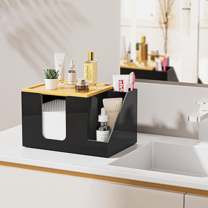 VITVITI Disposable Face Towel Holder Box, Acrylic Clean Skin Club Facial Towel Container with Toothbrush Holders, Large Disposable Face Towels Storage for Bathroom Vanity Makeup, Black