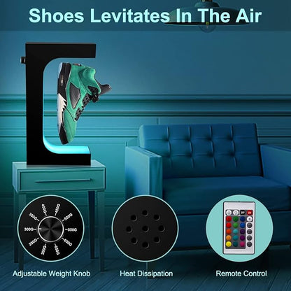 UVEHAS Levitating Shoe Display Stand, Floating Sneaker Stand with Remote 16 Colors LED Light Rotating Magnetic Levitation Shoe Rack for Home Decor Store Advertising Exhibition Shoes Collectors