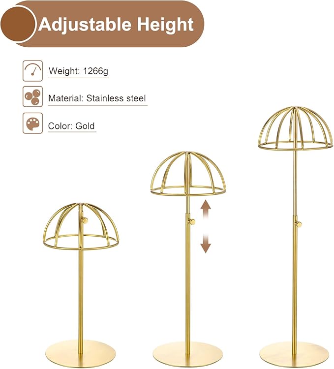 uxcell Metal Hat Display Stand 2 Pack Adjustable Tabletop Hat and Wig Rack Holder for Baseball Cap, Fedora Hat, Cowboy Hat - Gold
