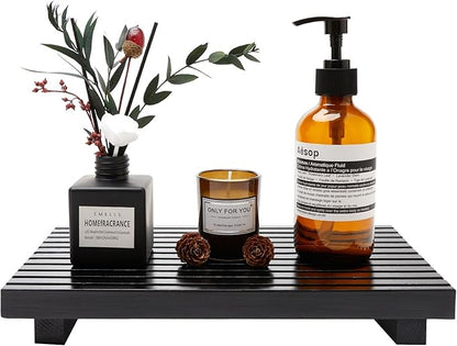 Black Wood Riser Display Stand for Bathroom Organizer Tray Kitchen Counter Decor Sink Accessories Decorative Wooden Pedestal for Kitchen Soap Tray Vanity Bathroom Counter Decor Dish Soap Holder