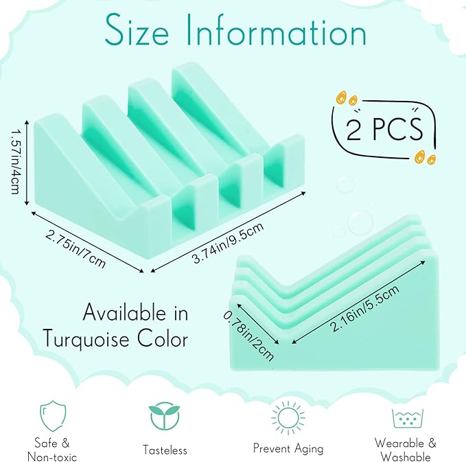 Cunhill 2 Pieces Silicone Soap Dish Self Draining Soap Dish Shower Waterfall Bar Soap Holder Tray with Drain Soap Saver for Kitchen Bathroom Accessories (Turquoise)
