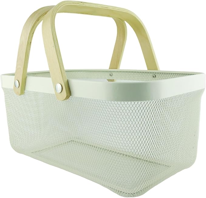 Metal Mesh Basket with Bamboo Handles, 15.7x11x7 inches.Choose from Gray, White, or Black to match your décor, Storage Organizer 40 cm (White)