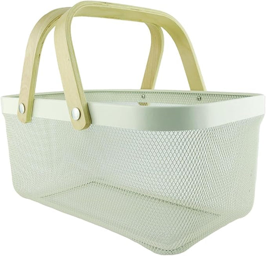 Metal Mesh Basket with Bamboo Handles, 15.7x11x7 inches.Choose from Gray, White, or Black to match your décor, Storage Organizer 40 cm (White)