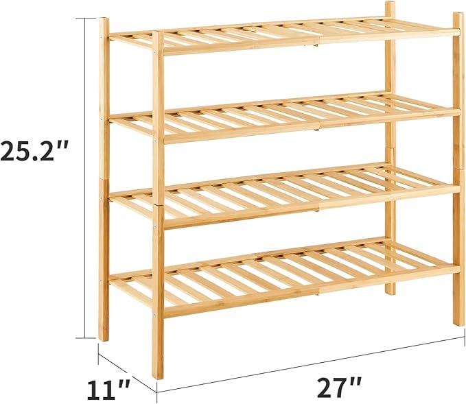 4-Tier Bamboo Shoe Rack for Entryway, Stackable | Heavy Duty | Multi-Function, Free Standing Shoe Racks for Bedroom Hallway Closet