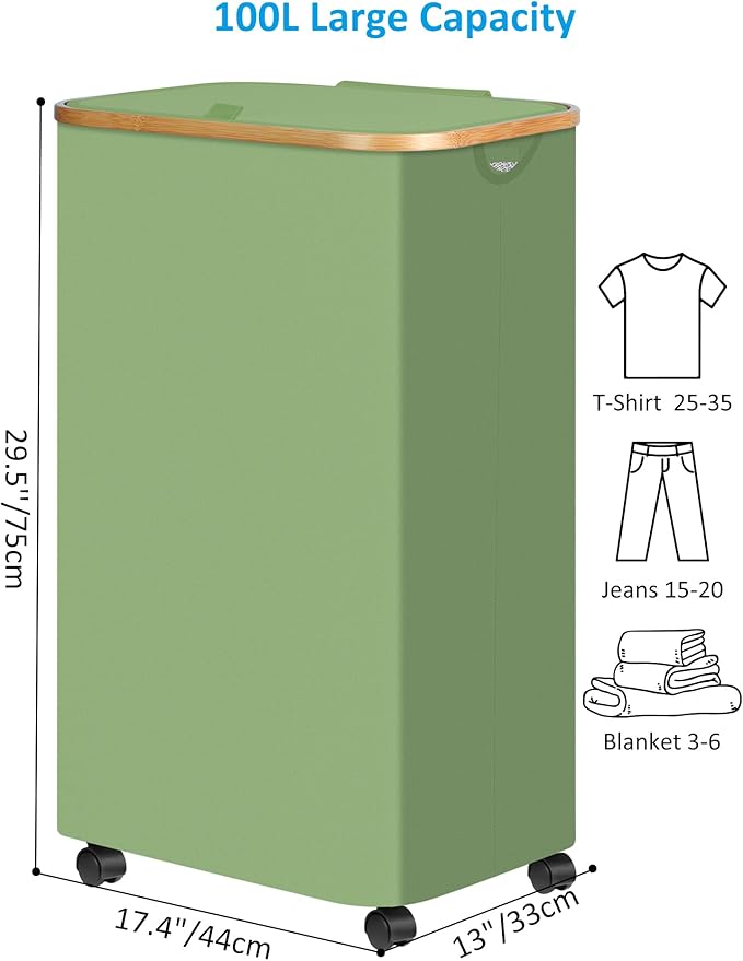 efluky Laundry Basket with Wheels, Tall Rolling Laundry Hamper with Lid and Removable Bag, Aesthetic Dirty Clothes Hamper on Wheels for Laundry Room, Bedroom, Dorm and Bathroom, 100L Green