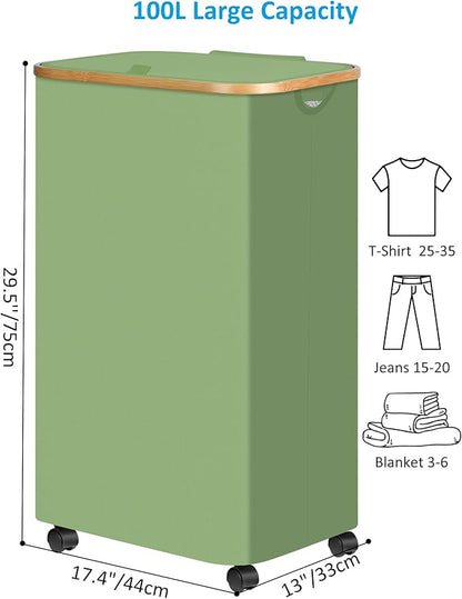 efluky Laundry Basket with Wheels, Tall Rolling Laundry Hamper with Lid and Removable Bag, Aesthetic Dirty Clothes Hamper on Wheels for Laundry Room, Bedroom, Dorm and Bathroom, 100L Green