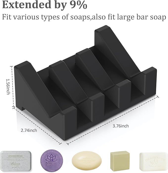 Silicone Soap Dish, 3-Piece Extended Self-Draining Shower Soap Holder, Black