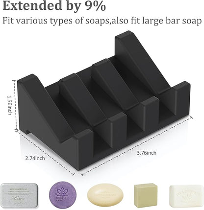 Silicone Soap Dish, 3-Piece Extended Self-Draining Shower Soap Holder, Black
