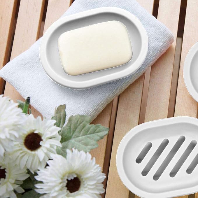 Soap Dish with Water Drainage Design for Drying and Saving Soap, Bathroom Kitchen Sponges Holder (White - Oval) 2 Pack