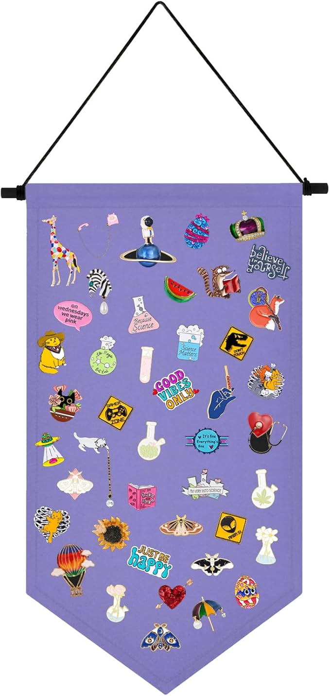 Kunyeah Wall Hanging Brooch Organizer Storage Case Colorful Canvas Pin Board Stand Enamel Pin Badge Hanging Holder Display Banner Earrings Collection Holder - Pins No Included (Purple)