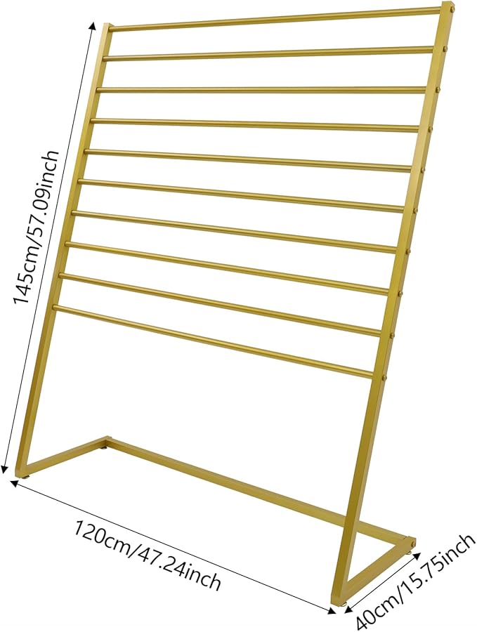 10 Tier Scarf Display Stand, 47.24In Metal Scarf Holder Organizer, Freestanding Scarf Rack for Commercial Clothing Retail Store Towel Rack Ties Belt Pants Hanging Rack (Golden)