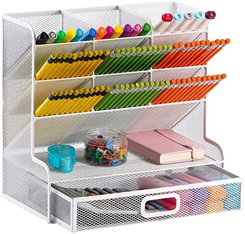 Marbrasse Mesh Desk Organizer - Multi-Functional Pen Holder with Drawer, Desktop Stationary Storage Rack for School, Home, Office, Art Supplies (White Mesh) by Marbrasse