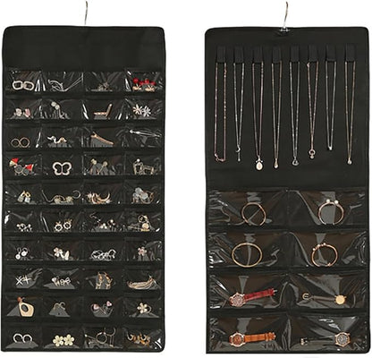 Hanging Jewelry Organizer Storage Roll with Hanger Metal Hooks Double-Sided Jewelry Holder for Necklaces, Earrings, Rings on Door, Wall, Closet, 48 Pocket Organizer,Black