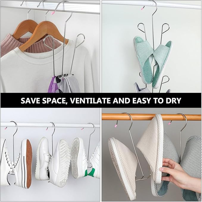 2pcs Stainless Steel Shoes Drying Rack with Anti-slip Windproof Hanging Hooks, Thickened Shoe Organizer for Balcony and Closet Storage