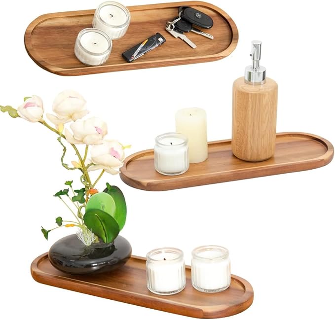 Set of 2 Plates Bathroom Vanity Wood Trays for Home Decor - for Counter Wood Small Decorative Tray, Kitchen Soap Tray,Comestic Holder Bathtub Organizer (14 x 4.5 inches)